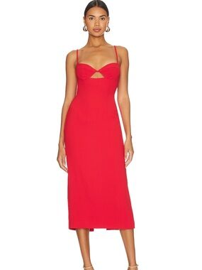 Bardot Red Midi Spaghetti-Strap Dress with Bust Cutout